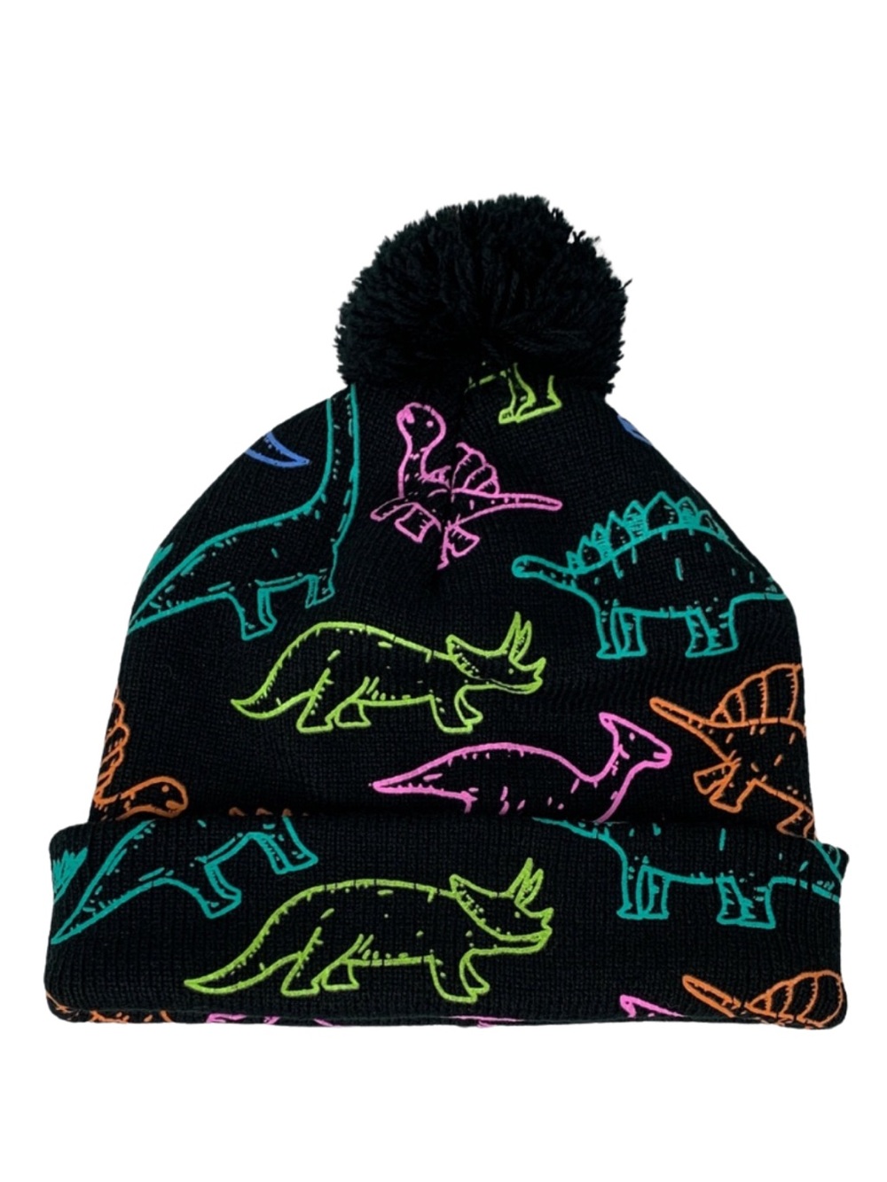 Dinosaur Adventure Kids Beanie Black Multicolor Print One Size Neon Colorful